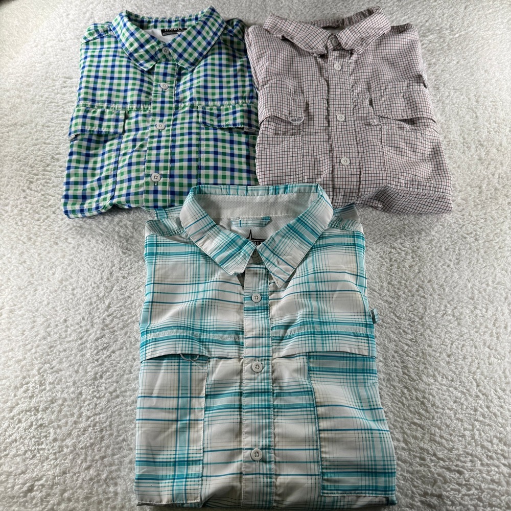 Lot (3) Bundle Habit Fishing Shirt 2XL Short Sleeve Button Up Pockets UV Blue